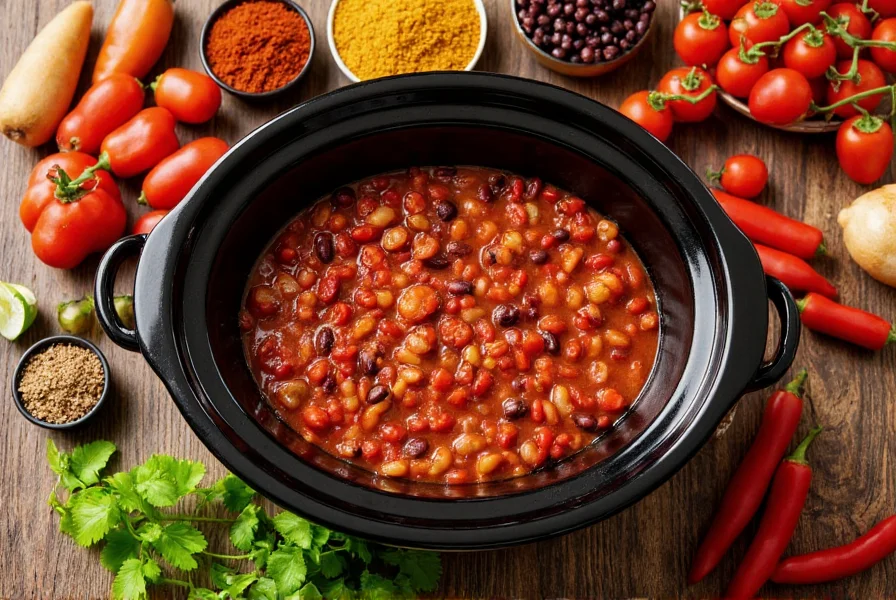 Slow cooker filled with vibrant red vegetarian chili surrounded by fresh ingredients: kidney beans, black beans, diced tomatoes, bell peppers, and spices