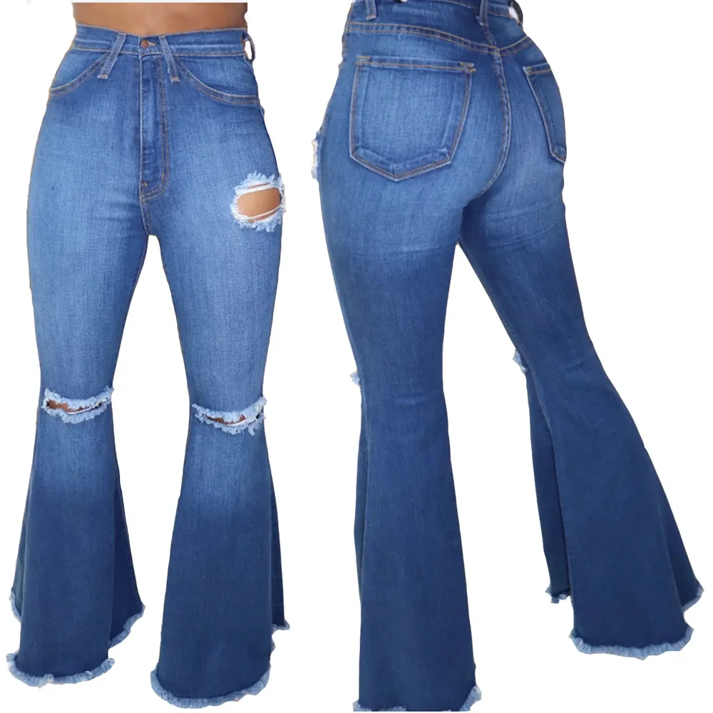 Wholesale Women Flare Pants Distressed Bell Bottom Denim Jeans