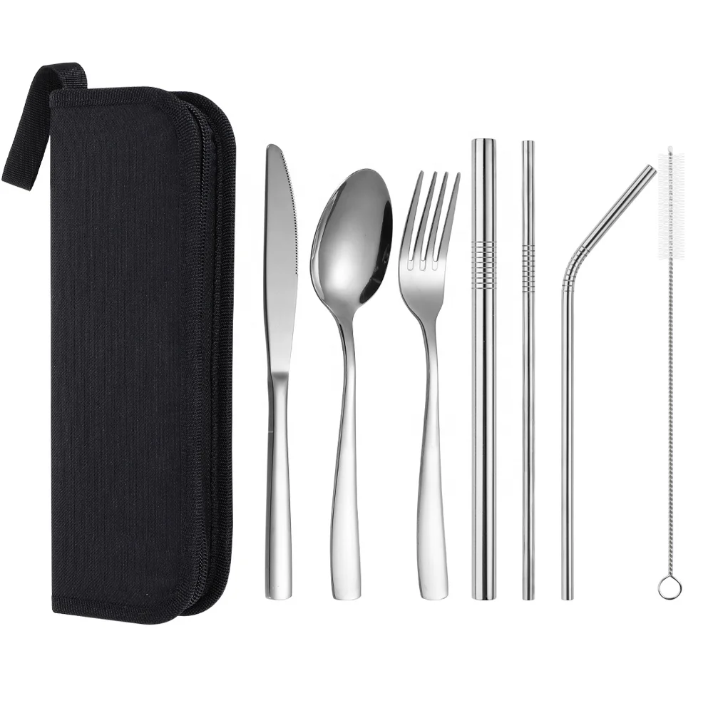 

Amazon Best Selling Utensils Mirror Polish 7pcs Travel Silver Stainless Steel Cutlery Set in black box with custom logo