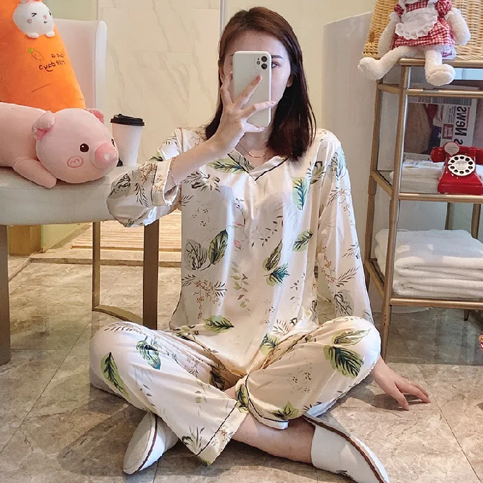 

Long Sleep Soft Cozy Lounge Wear Loungewear Piyama Wanita Pijama Femme Silk Pajamas V Neck Satin Pyjamas 2 Piece Women Sleepwear