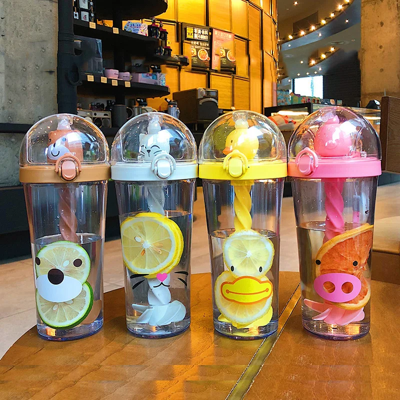 

500ml Water Bottle Yellow Duck Mixing Cup Creative Animal Pig Cup Cute Pet Straw Plastic drinking Bottles bpa free, Color as pictures