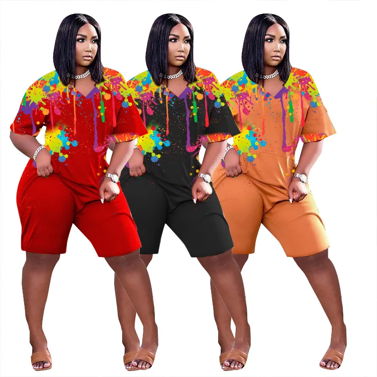 

Summer Fat Women Plus Size Printed Shorts Rompers Graphic Jumpsuit With Pockets, Customized color