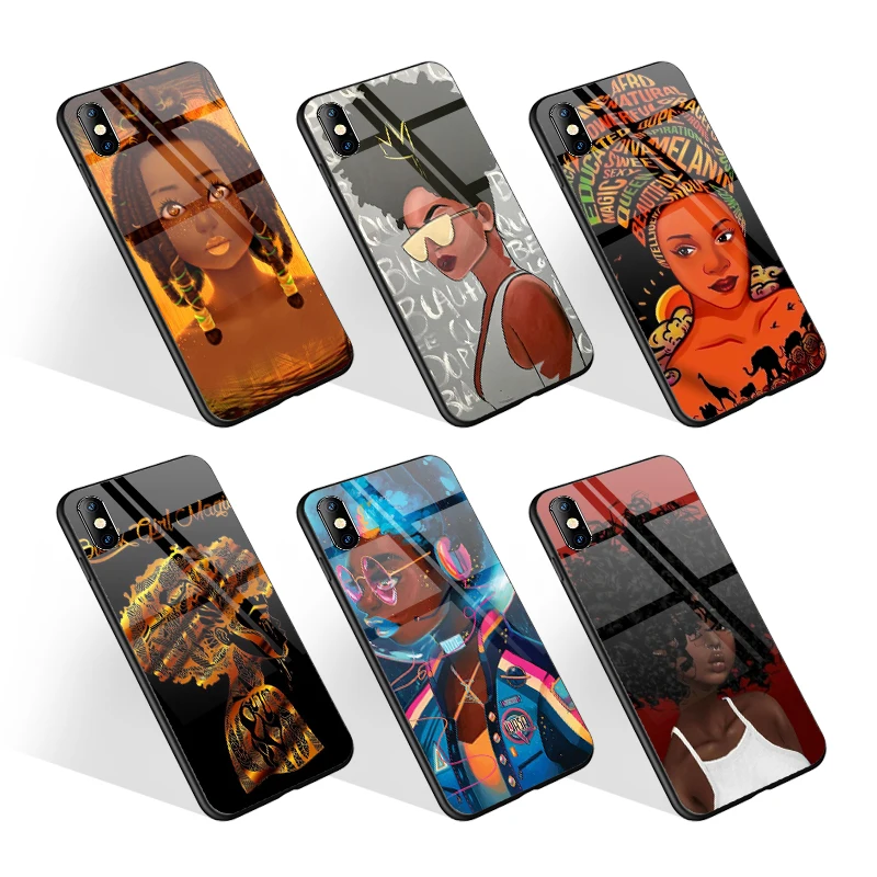 

Afro Queen Melanin Poppin Black Girl Magic UV Printed Glossy Glass Phone Case for iPhone 7 X XR 11Pro Max Coque Phone Cover, Multiple