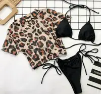 

2019 Hot Sale Bikini 3 Piece Set Short Sleeve Leopard Ladies Sexy Beach Wear Bathing Suit Woman Swimwear