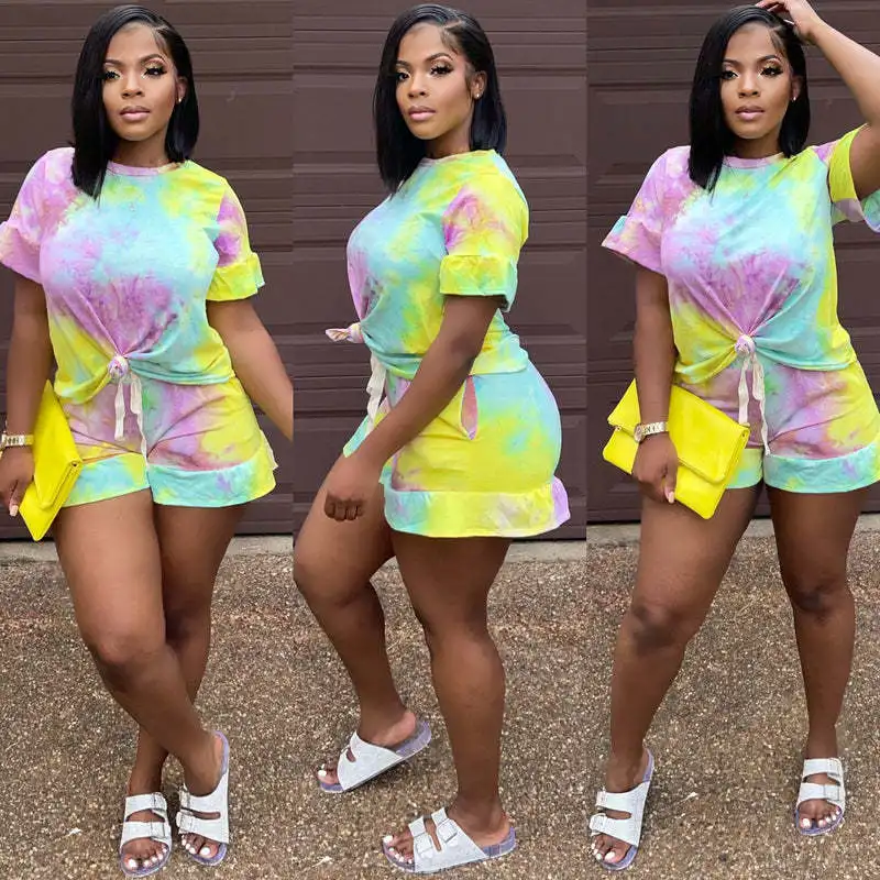 

Fashion Casual Print Short Sleeve Shorts tie dye Two Piece Set, 3 color