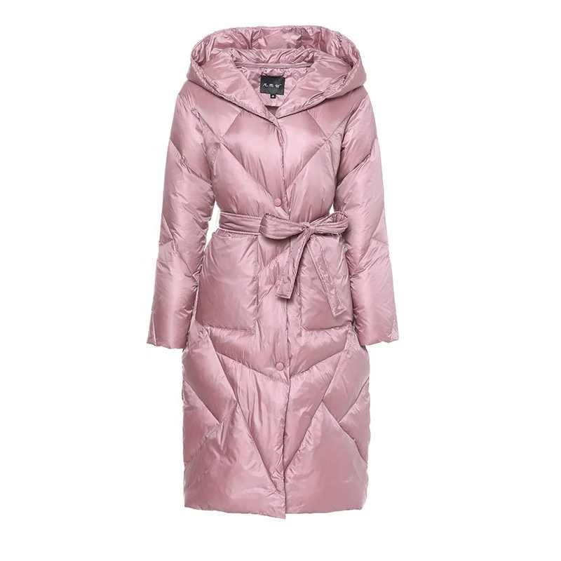 

2021 wholesale winter down jacket women mid-length waist slim down jacket with hat and belt, Customized color