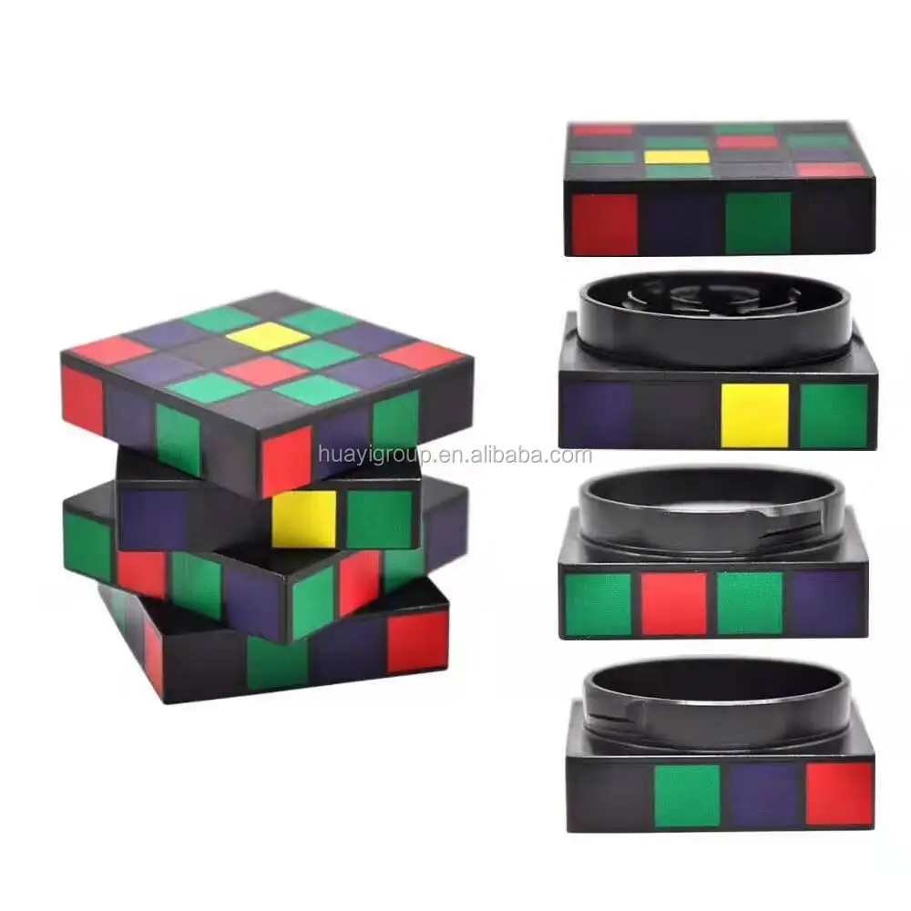 2019 Hot Selling Custom Logo 4 Layer Aluminum Square Magic Cube Grinder