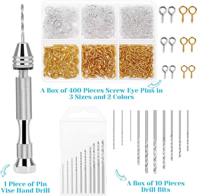 

Amazon Hot Sale Resin Tools Kit with 1pcs Pin Vise Hand Drill 10pcs Drill Bits and 400pcs Screw Eye Pins, Transparent white