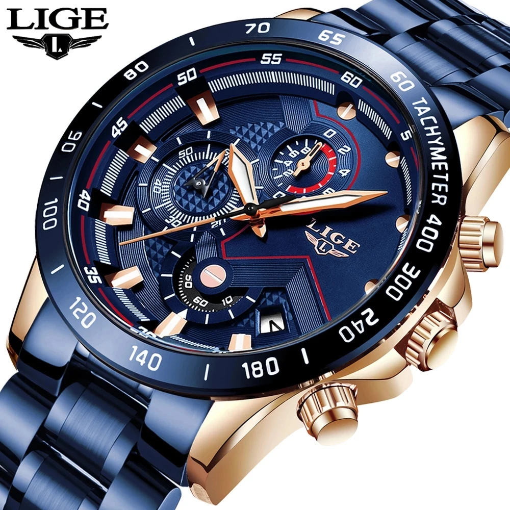 

Lige 9982 Luxury Men Quartz Wrist Watches Chronograph Date Water Resistant Stainless Steel Watch