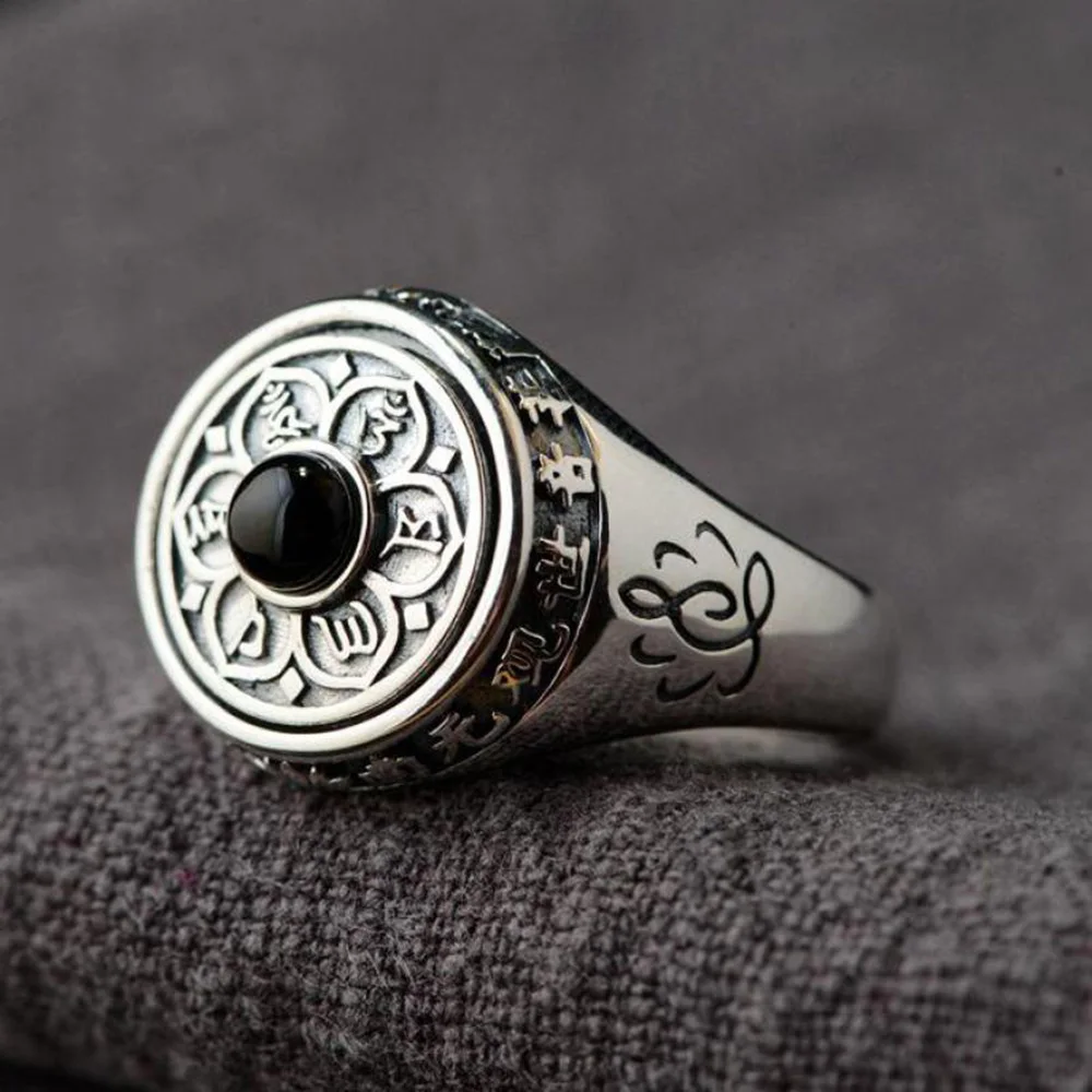 

925 Sterling Silver Lotus Flowers Ring For Women And Men Rotatable Natural Stone Inlaid Six Words' Mantra Rings Buddhist Jewelry