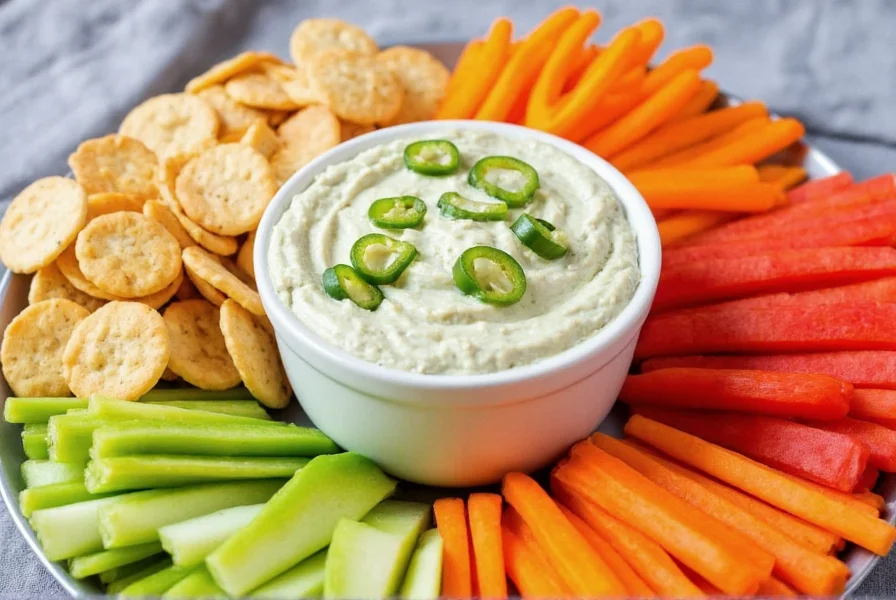 Colorful platter showing banana pepper dip served with various dippers including vegetables, crackers, and chips