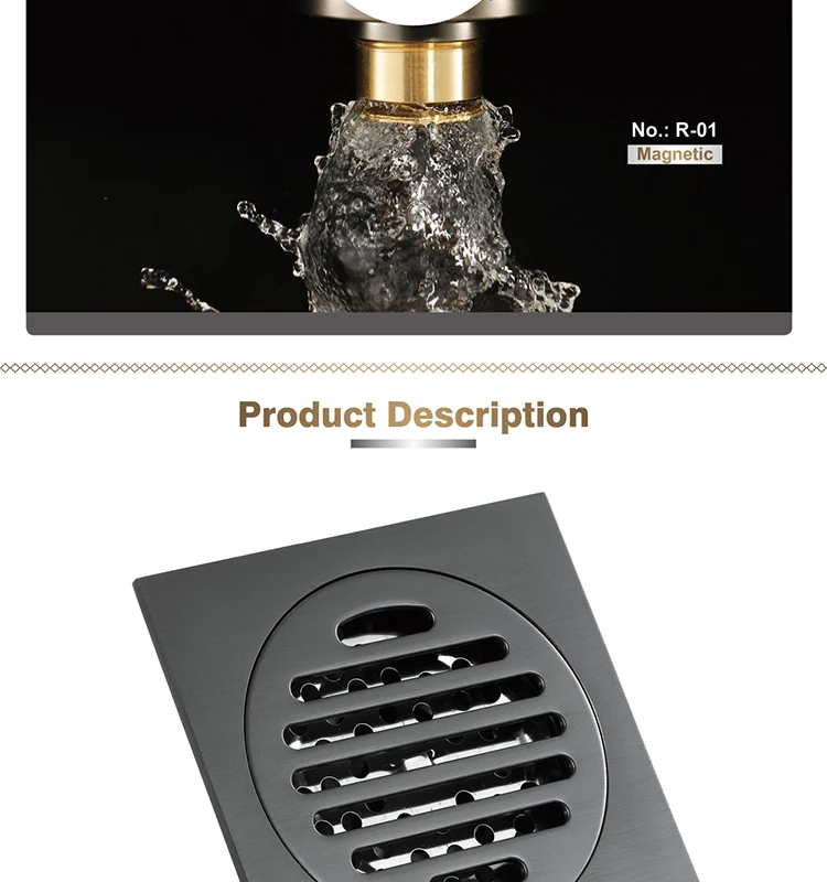 HIDEEP balcony kitchen bathroom shower floor drain brass anti-odor core 10*10cm black floor drain