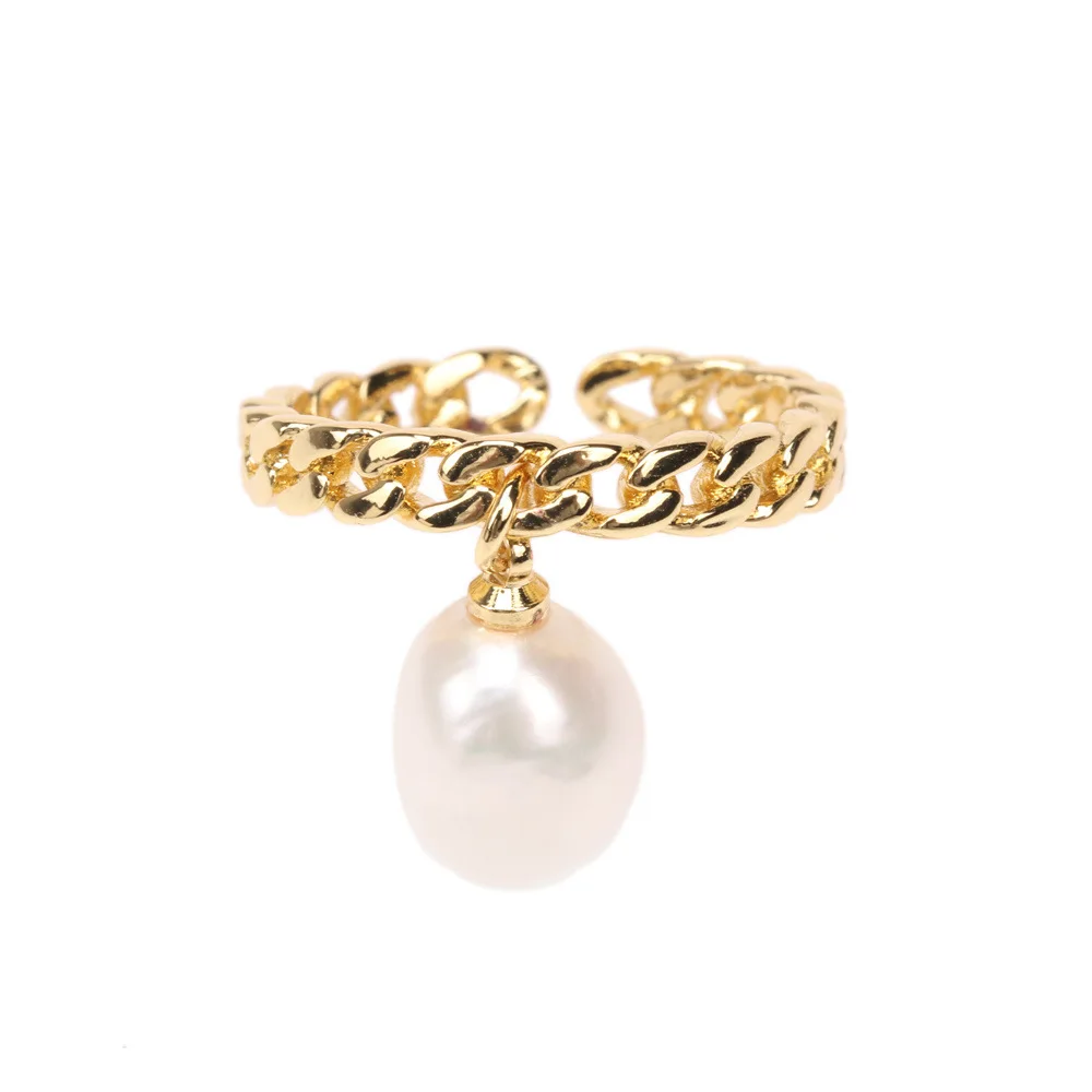 

Vintage 18K Gold Plating Link Chain Pearl Open Ring Adjustable Freshwater Pearl Link Chain Ring