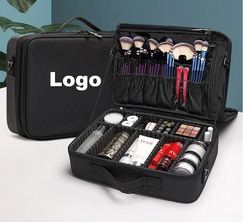 

Portable Makeup Bag 3 Layer Giant Travel Large Cosmetics Organizer Bag Case Adjustable Dividers Train Case Make Up Bags, Black