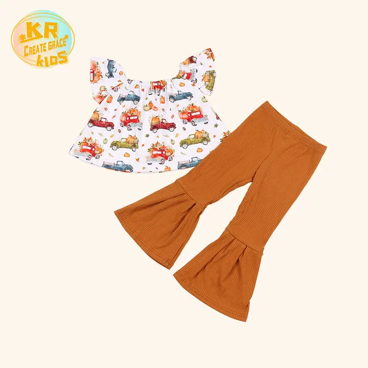 

Cartoon car print top ribbed toddle bell bottom pants set baby girl clothing for summer