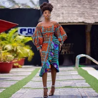 

African ethnic style wax floral print off shoulder puff sleeve high waist lotus leaf ruffles irregular sexy nightclub wrap dress