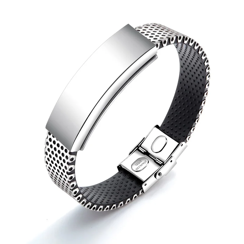 

Men's accessories silver Stainless steel cuff bracelet silicone energy Engraved Bar Silicone Custom bracelet, Silver color