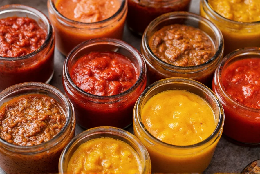 Close-up of various pepper paste types in glass jars showing different colors and textures