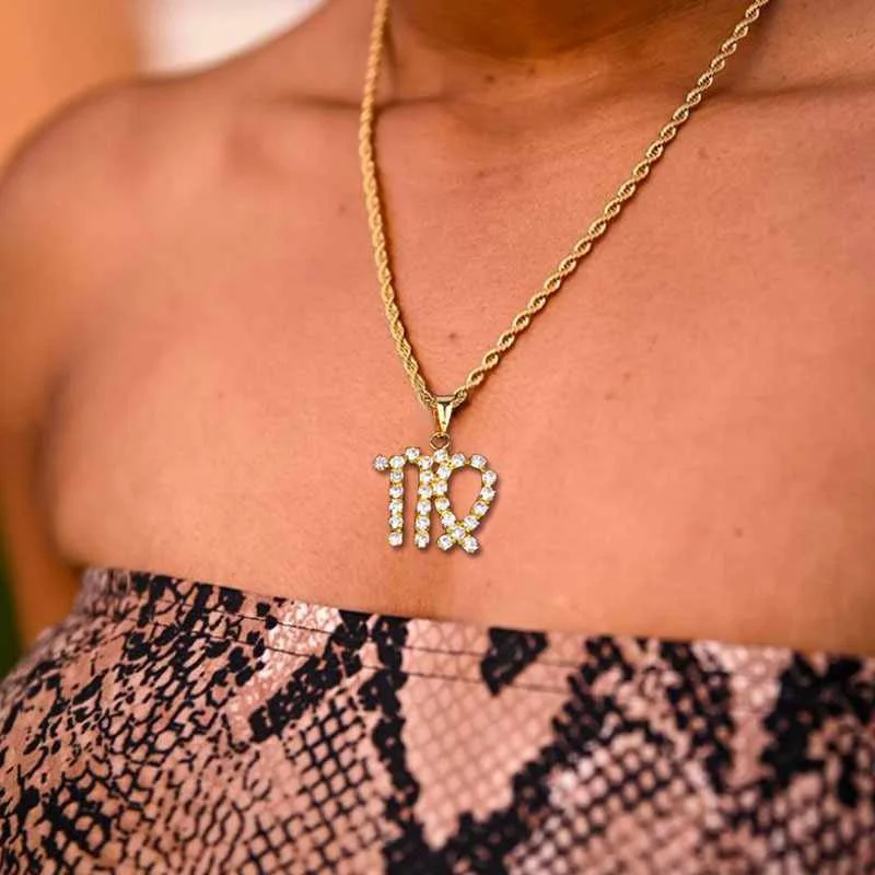 

Simple Metal Pendant Rhinestone Zodiac Necklace, Gold