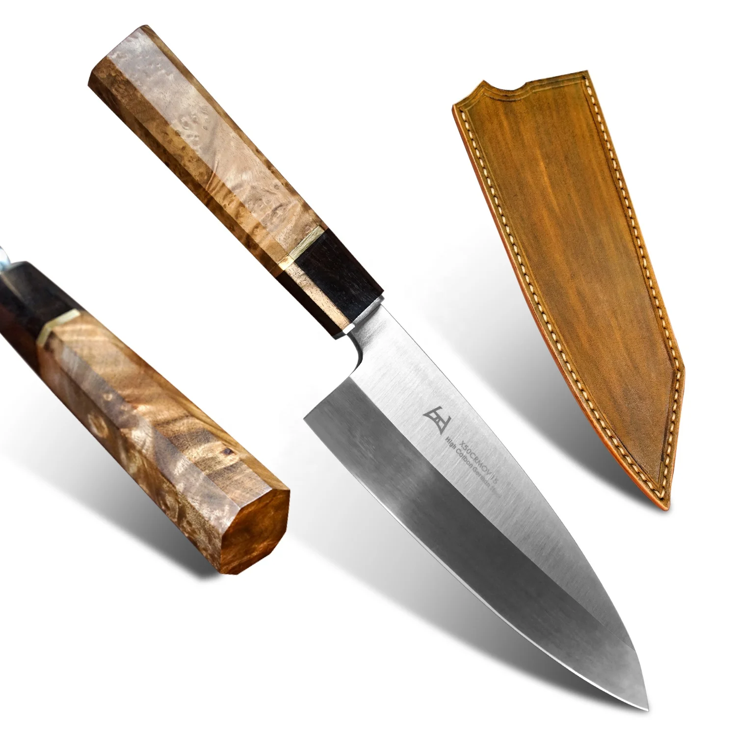 

Figured Sycamore Burl Wood Handle Japanese Fish Sashimi Kitchen Chef Deba knife