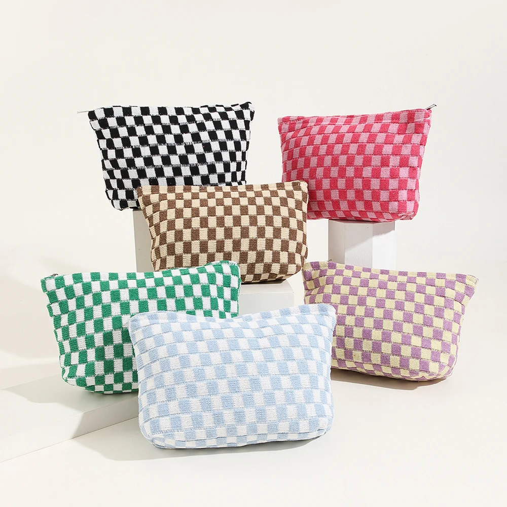 

Hot Sale Women Travel Makeup Bag Light weight Gingham Small Makeup Pouch Plaid checker Cotton Cosmetic Bag