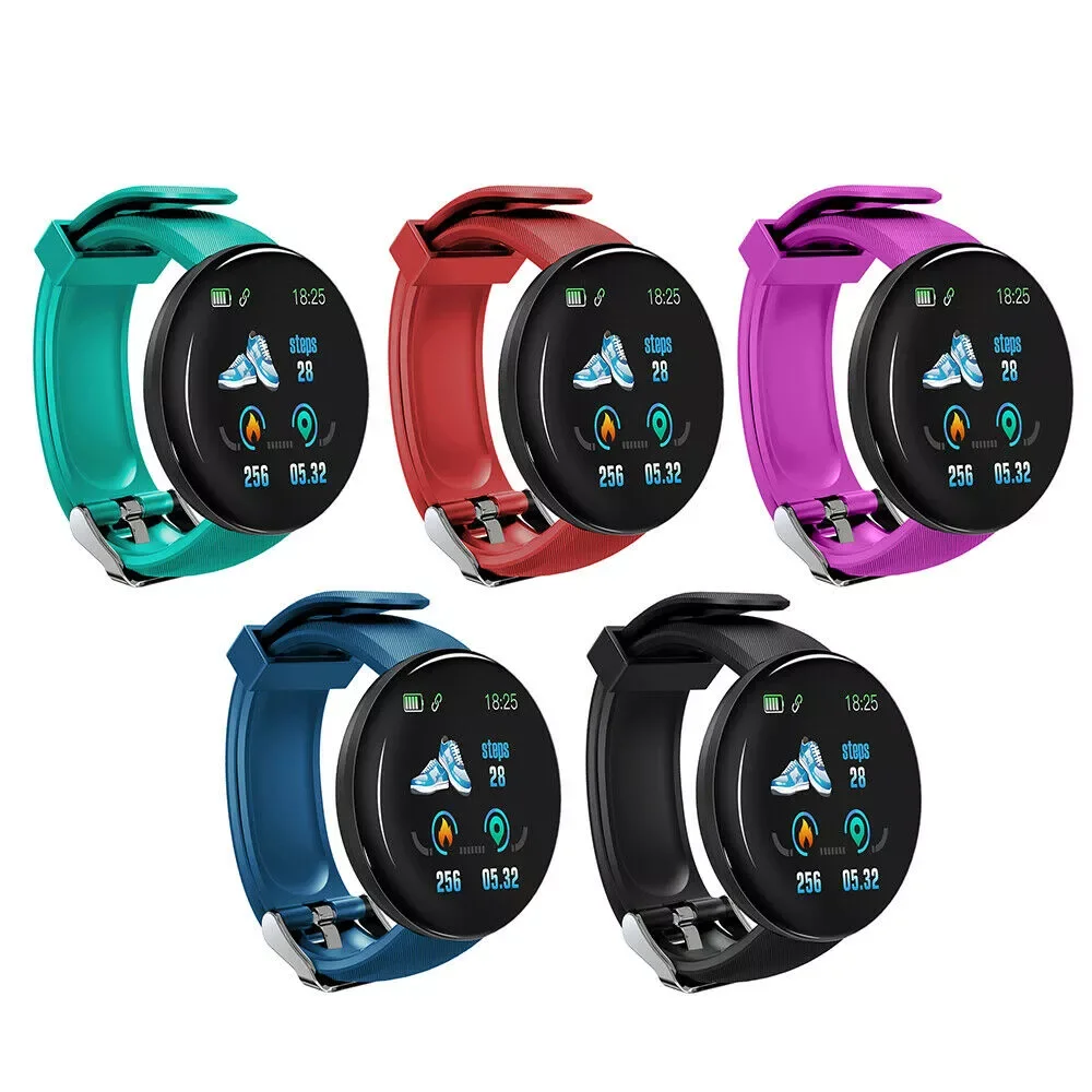 

cheap newest IP65 life waterproof color 1.3 round screen fitness tracker watch heart rate monitoring sports smart bracelet D18, Black red blue purple green