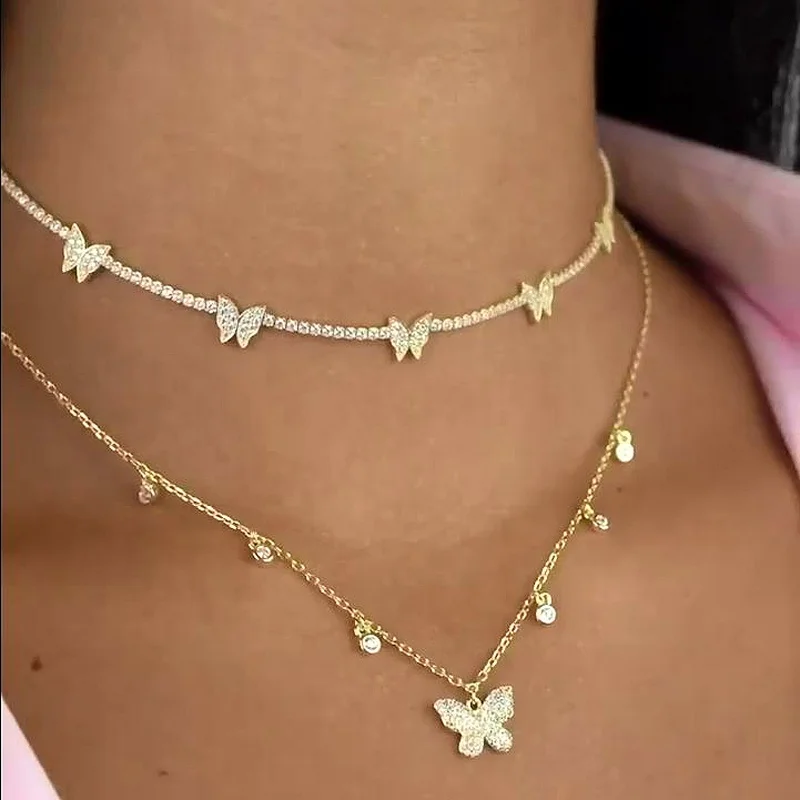 

2020 Trendy Butterfly Tennis Chain Necklace Choker Animal Charm Gold Silver Necklaces Women Butterfly Tennis Necklace