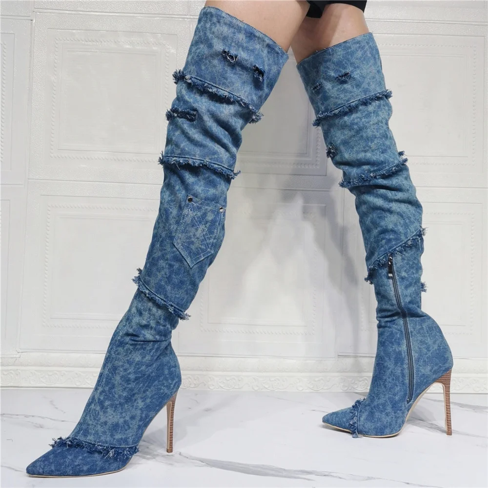 

Retro Ladies Jeans Long Boots Large UK size 47 Denim Stiletto Women's Thigh High Boots Shoes for Wide Fit, Blut