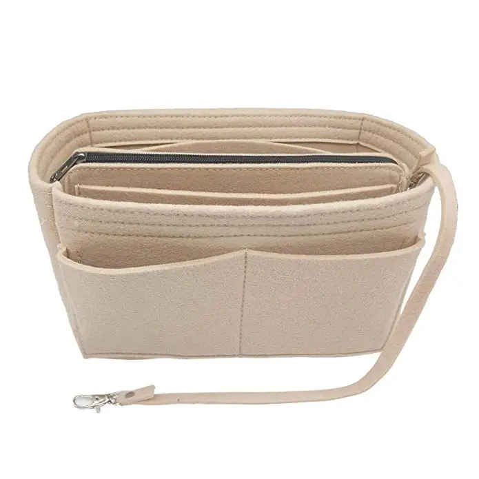 

Felt Purse Bag Organizer Insert with zipper Bag Tote Shaper Fit Speedy Neverfull, Beige /brown