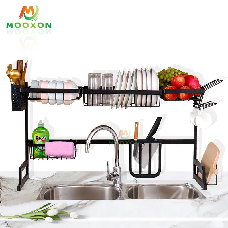 Customized Standing Over The Sink 85cm Black Metal Kitchen Storage Shelf Dish Drying Rack