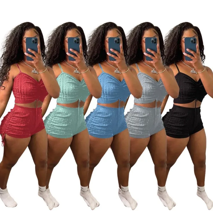 

GX9079 Hot Selling Summer Solid Color Sling Women Clothes 2021 Sexy Ribbed Crop Outfits Women 2 Piece Pants Set, Picture