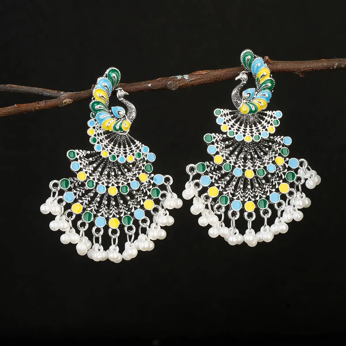 

Classic Peacock Jhumka Drop Earrings Retro Ethnic Style Pearl Tassel Silver Color Indian Earrings Trendy Jewelry, Gold
