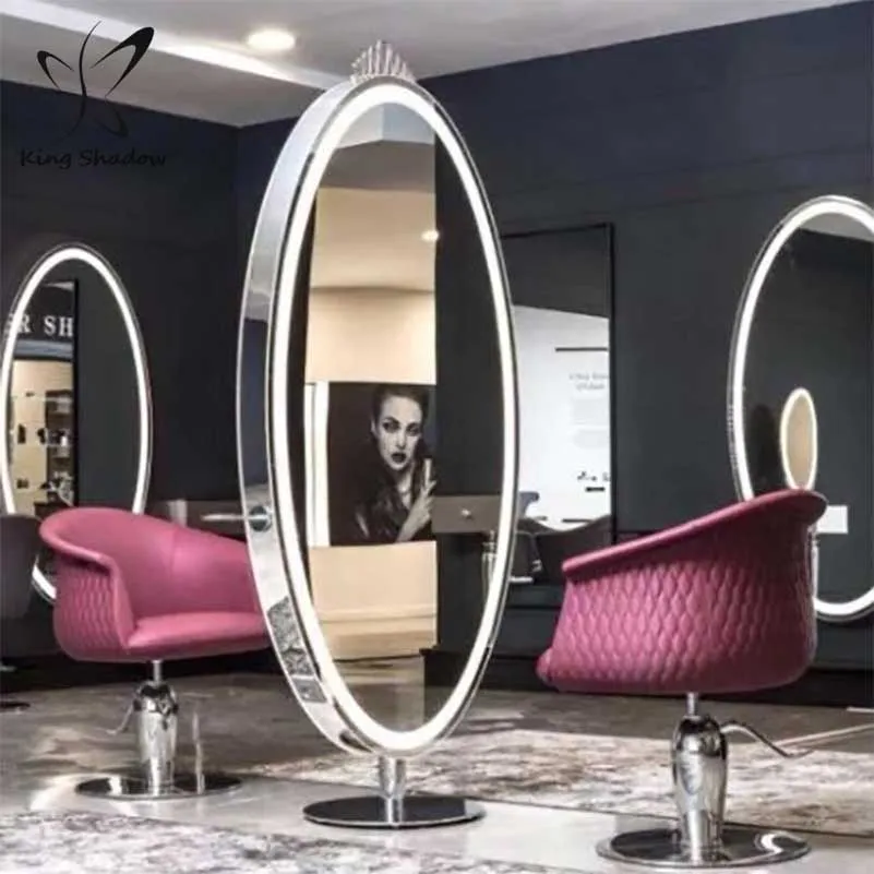 

Kingshadow hair salon wall mounted mirror station beauty salon station styling mirrors with led light, With three color lighting