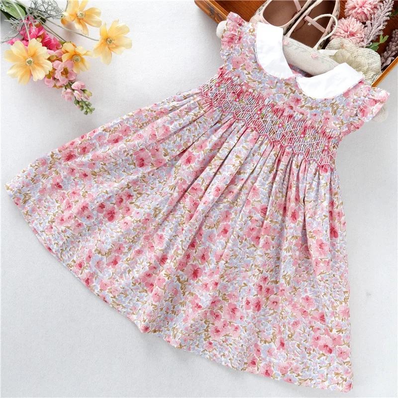 

B041058 summer pink flower sleeveless baby girl smocked dresses children clothing boutique dress for girl's clothing wholesale, Floral