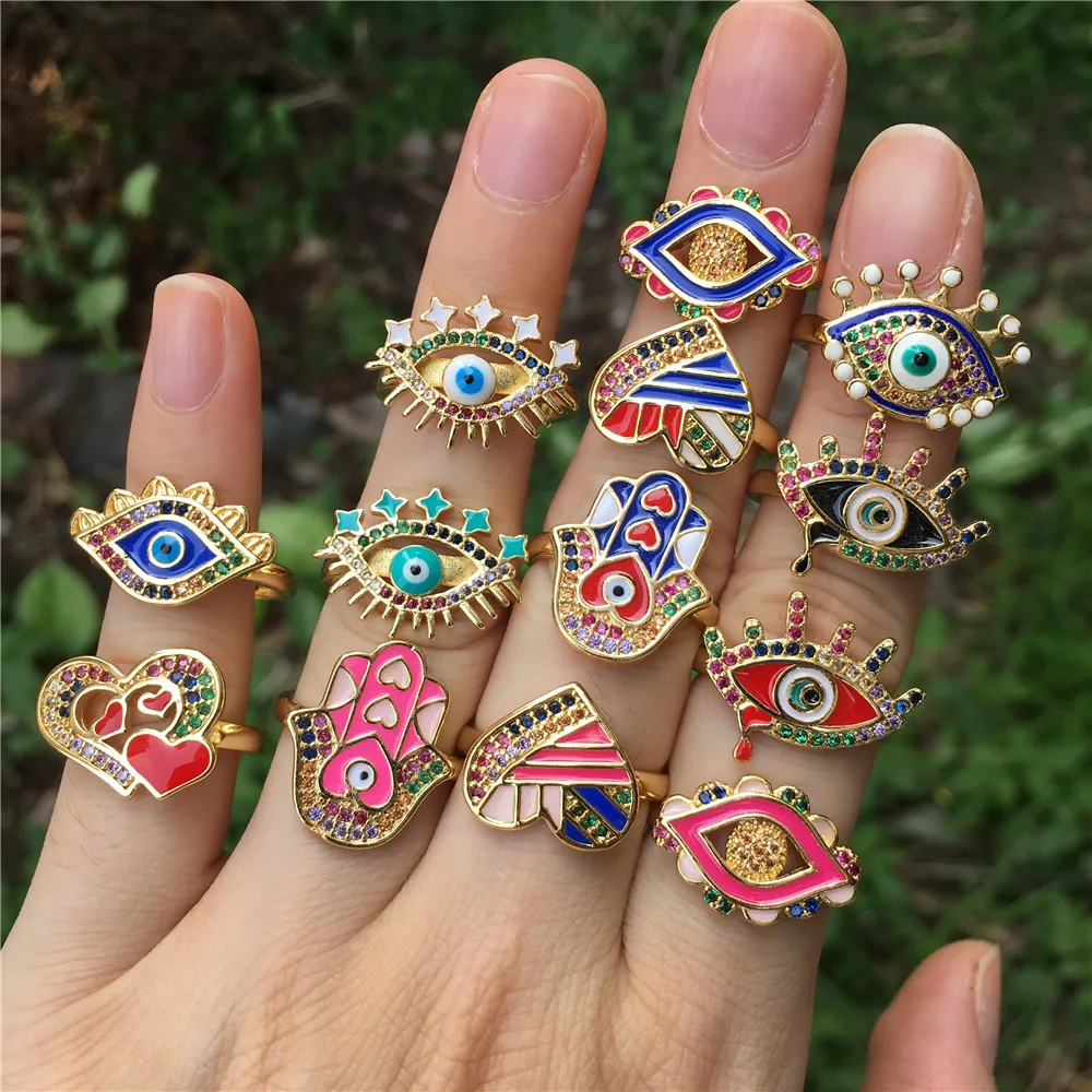 

LS-A2800 Hot Sale Fashion 18k Gold Plated CZ Ring,Unique enamel hamsa hand eye Claw micro pave Pave ring jewelry