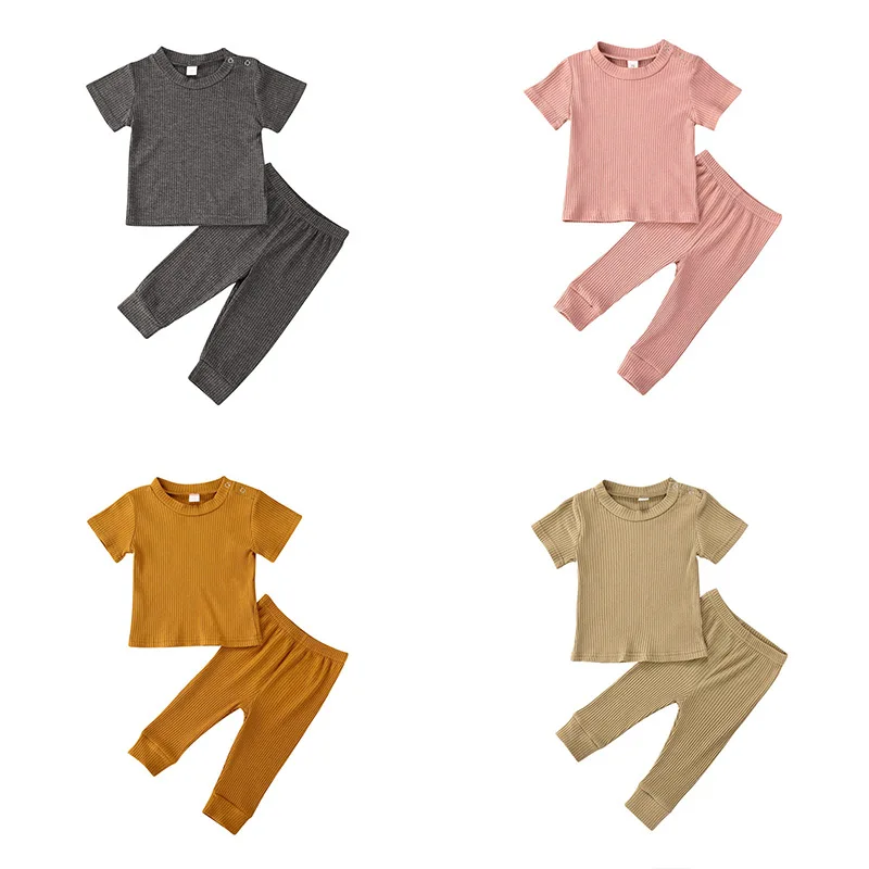 

baby girls boys short sleeves sleepwear baby ribbed cotton loungewear children plain color cotton pajamas sets