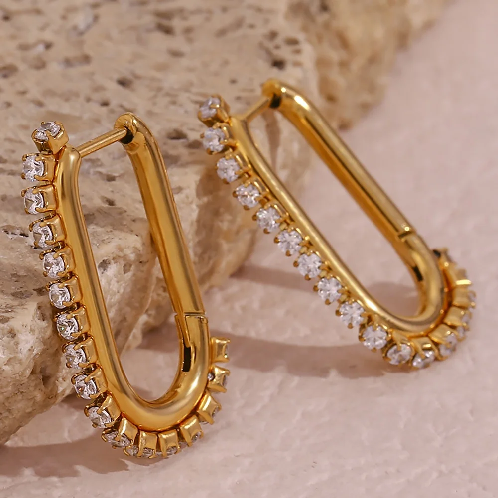 

Shining Zircon U Shape Hoop Earring 18k Gold Plated Cubic Zirconia Earrings Wholesale Stainless Steel Jewelry