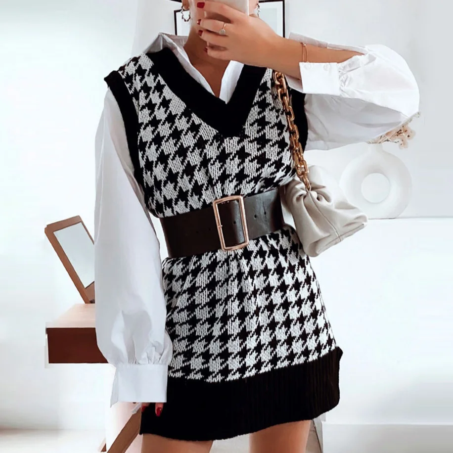 

2021 New Arrivals Women Houndstooth Knitting Oversized Vest Dress Plaid Sweater Dresses Winter Plus Size Sweaters Vest, Customized color