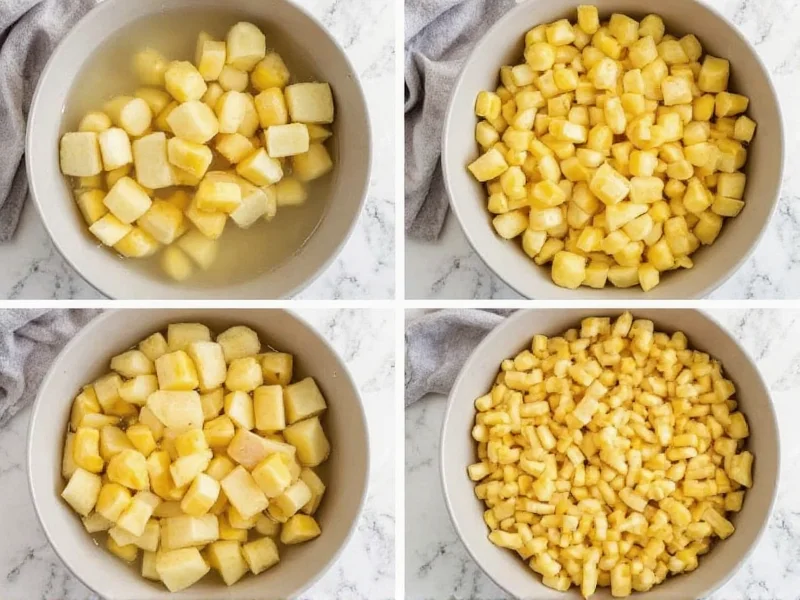 Homemade oven fries preparation process showing potato soaking and drying