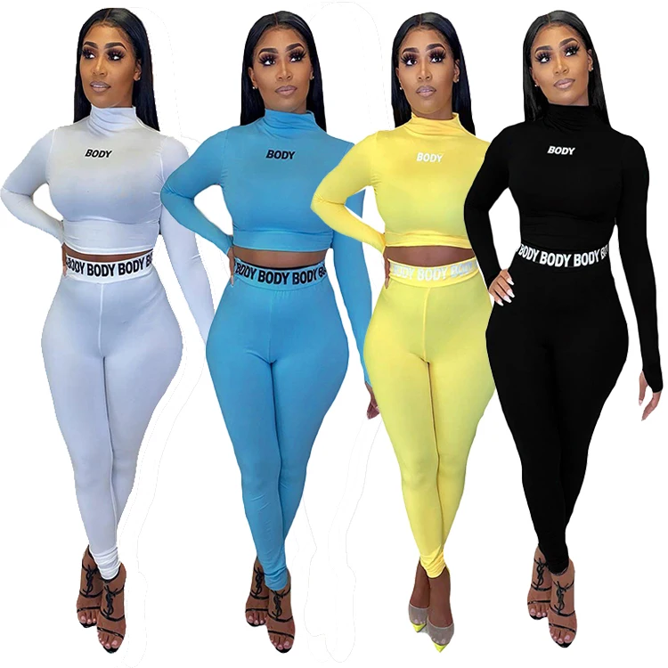 

European and American women's clothing shape tight letter printing T shirt and long pants suit two piece set