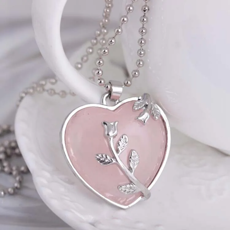 

Valentines Day Gift Rose Flower Necklace Pink Crystal Heart Pendant Necklace For Love