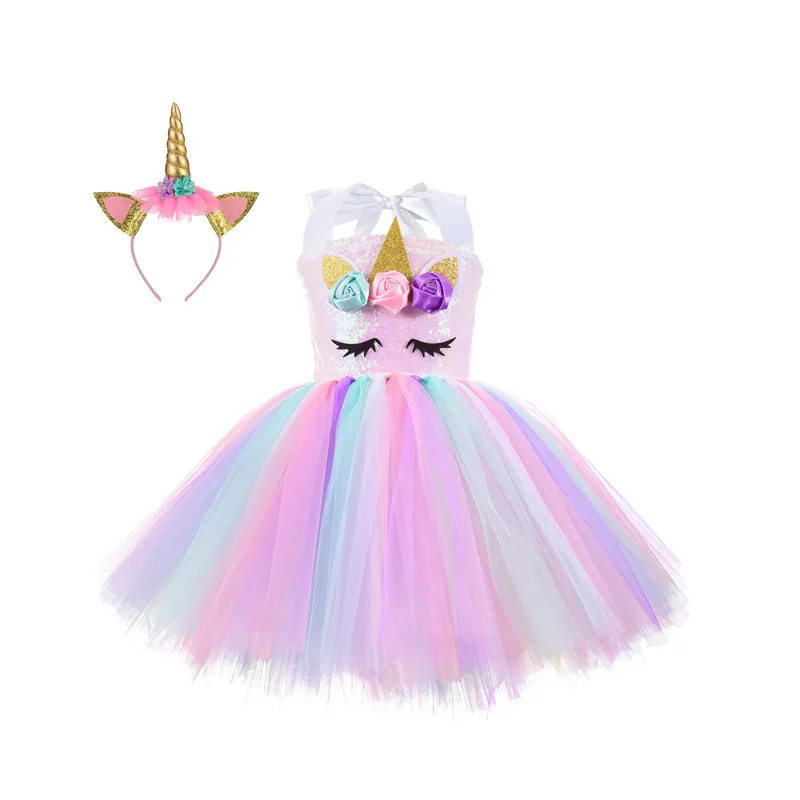 

High quality 2020 new children's party dress unicorn sequined rabbit skirt girls rainbow candy princess dress 2021, As shown