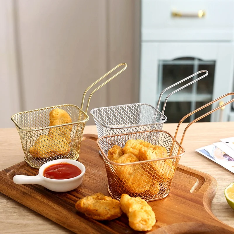 

2022 new arrivals Metal wire Mini Fry Serving Basket for Deep Fat Fryer French Fries Holder with condiment stand Oil Filter, As show