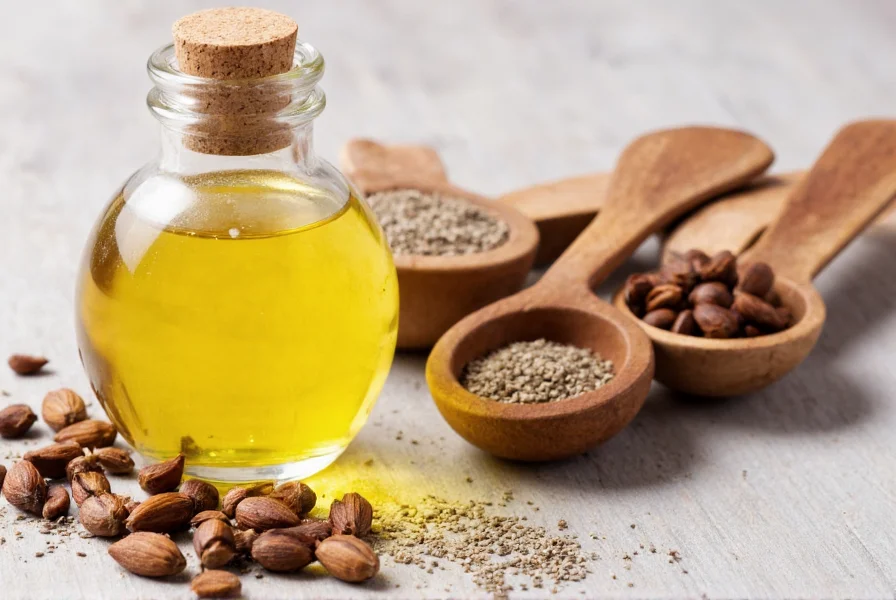 Close-up of anise oil bottle next to measuring spoons and anise seeds for baking comparison