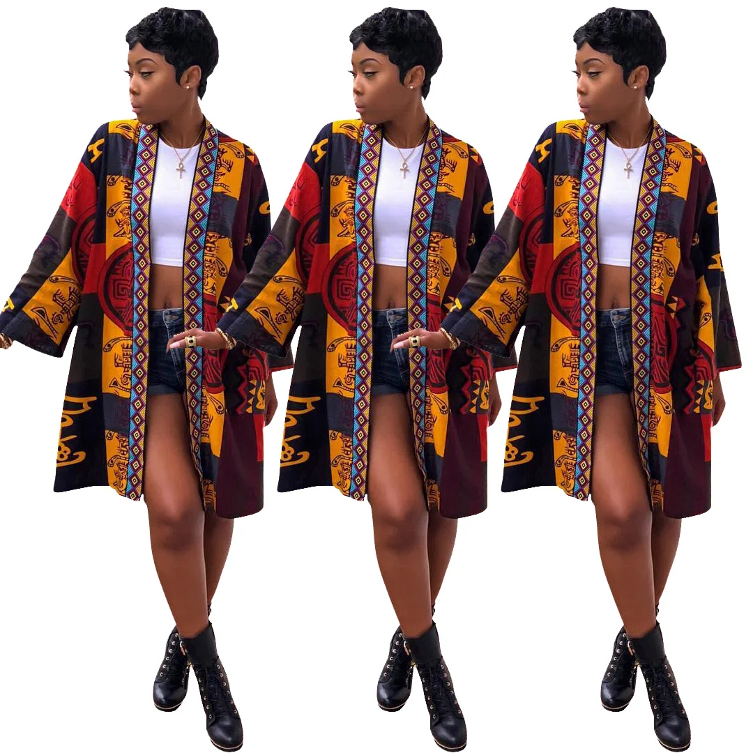 

Women's Hot Sale Casual African Printed Tops Cardigan Blouse Long Sleeve Outfits Kimono Robe