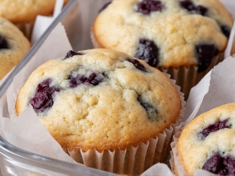 Blueberry muffins stored in glass container with freshness tips