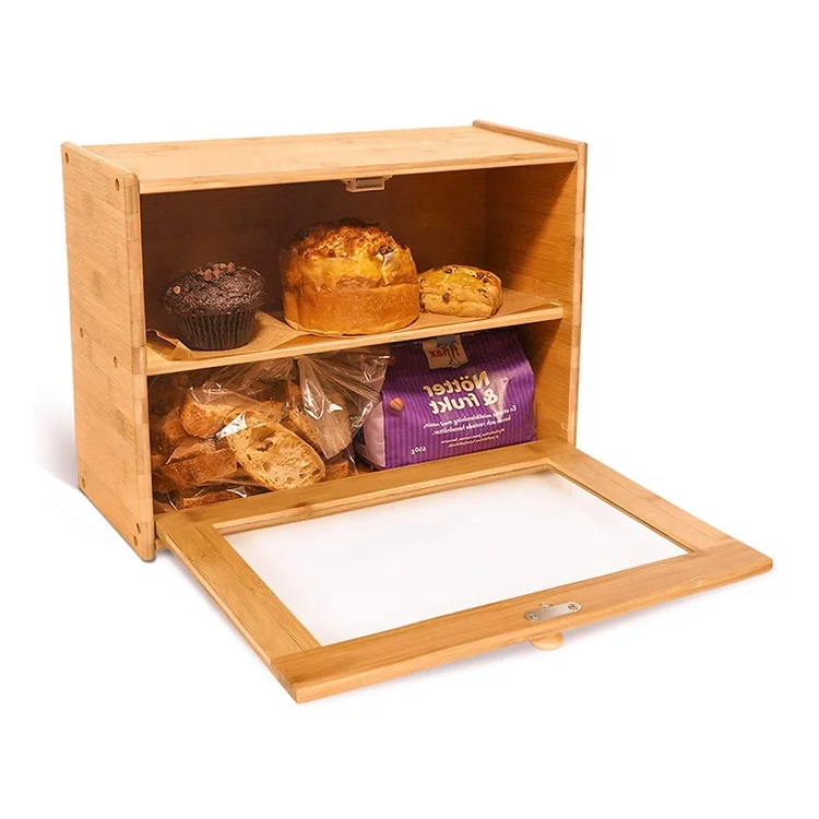 2layer Bamboo Bread Box Bread Storage Bin On Countertop Shelf