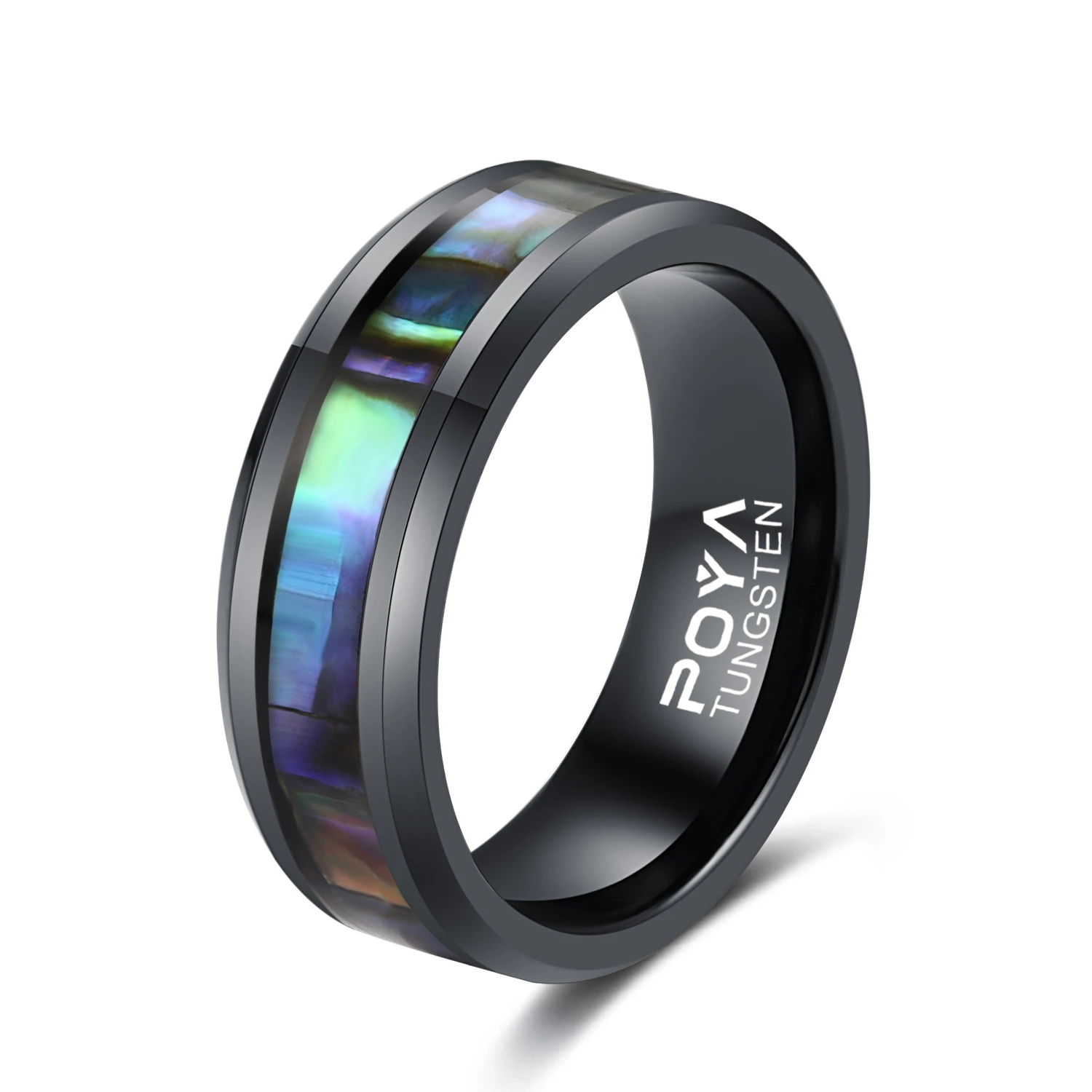 

POYA Beveled Edge Natural Colorful Abalone Shell Inlay 8mm Polished Black Tungsten Ring For Men, Customized color