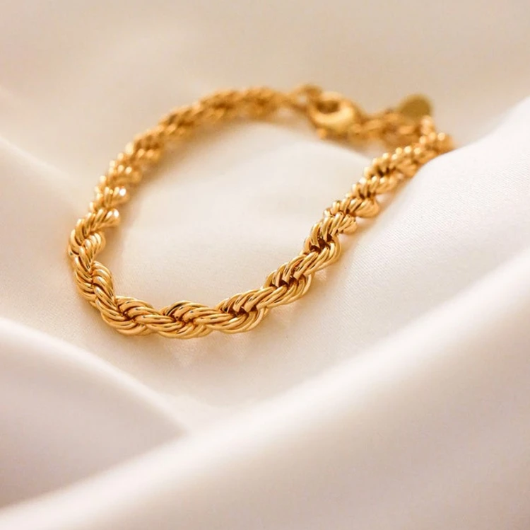

Minimalist Trendy Stainless Steel Gold Twist Chain 18K Gold Plated Rope Chain Bracelet for Women