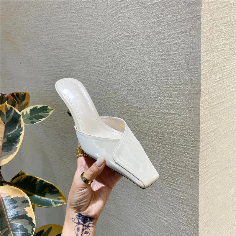 

Cheap Hot Sale High Quality Ladies PU Lazy Shoes Square Toe Stiletto Slippers